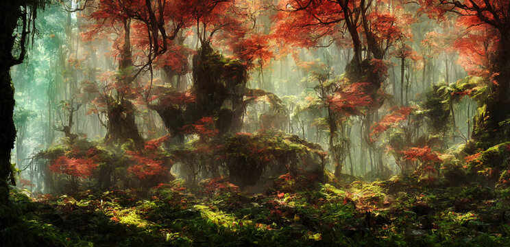 Magic fairytale fantasy painting of magic dense forest with tree and flowers. Digital image painted dark fairytale fantasy landscape in impressionism style.