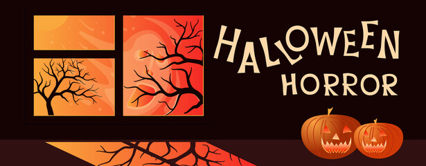 Orange horizontal halloween banner with pumpkin and ghost outside the window