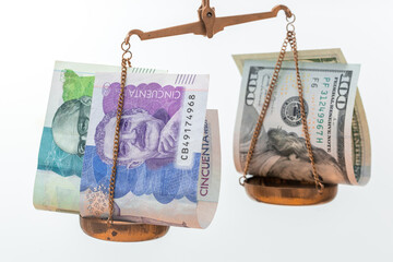 currency rates, Colombian peso vs US dollar, White background, financial concept, Banknotes on a...