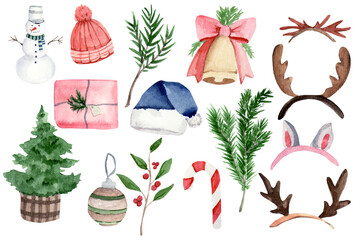 Watercolor Christmas items set. Clipart watercolor, Christmas tree, fireplace, gifts
