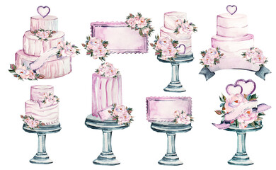 Watercolor wedding cakes decorated with pink flowers. Decorated wedding dessert