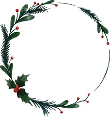 Watercolor Christmas wreath. Round Christmas frame.