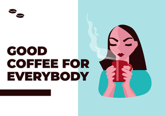Landing web page template with Young woman enjoy the smell and taste of coffee