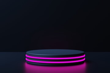 Podium with neon glow on a black background, 3d render