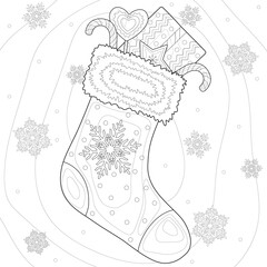 Christmas sock with simple round patterns and snowflakes, lollipop, gift, sweets, star toy. Winter illustration on white isolated background. For coloring book pages.