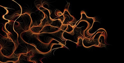 Abstract orange fiber digital art on black technology background. Bokeh and transparent