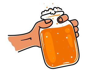 A hand holds a glass jar with a drink, beer or lemonade on a white background. Vector, illustration