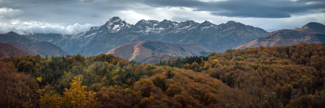 Autumn panoramic landscape in the Pyrenees mountains with the Mont Valier in background