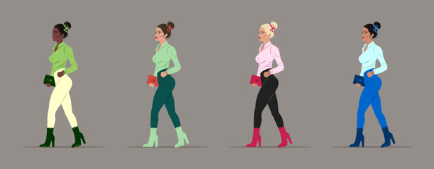 Set of women dressed in stylish trendy colorful clothes