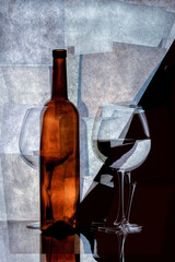 Abstract collage with glasses and a brown bottle