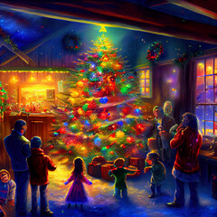 Christmas Family Gathering Celebration in Winter with Trees and Christmas Lights