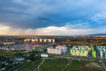 New buildings in a new residential area of the city of Almaty. New high-rise buildings in Kazakhstan for a Kazakh family. Houses for poor low-income Kazakh families on the outskirts of Almaty
