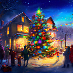Obraz na płótnie Canvas Snowy Christmas Oil Painting - Family Gathering for holidays