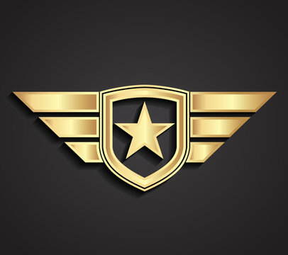 3d gold military star and shield with wings