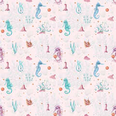Watercolor underwater seamless pattern of seahorse, laminaria and coral. Underwater animals and plant isolated on white background. Aquatic illustration for design, print or background