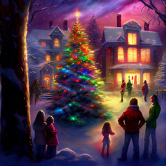 Christmas time festivities - Family Gathering in beautiful snowy bright village