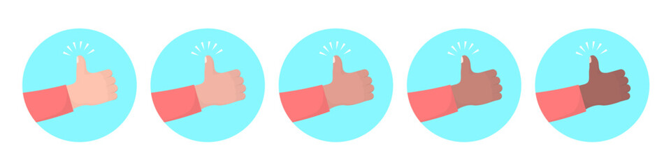 Flat design multicultural group thumbs up. Different skin tones
