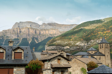 Spectacular view of the Ordesa Valley with the colors of autumn. Ordesa and Monte Perdido National...