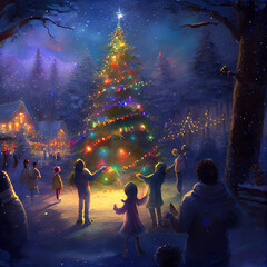 Fototapeta na wymiar Christmas time festivities - Family Gathering in beautiful snowy bright village