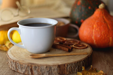 Cup of tea or coffee, seasonal spices, bowl of cookies, blanket, pumpkins, colorful leaves, books and tangerines on wooden table. Cozy hygge at home. Selective focus.