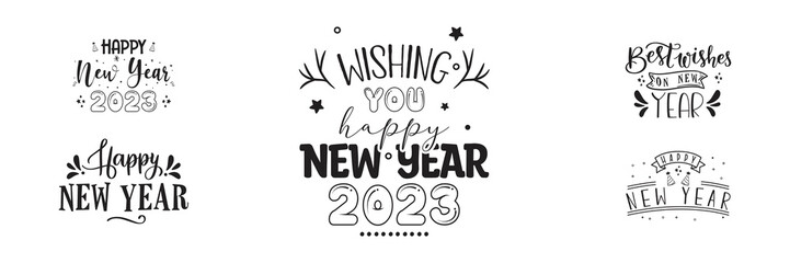 Happy New Year 2023 typographic emblems set. Vector logo, text design. Black, white and gold. Usable for banners, greeting cards, gifts etc.
