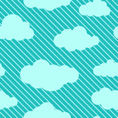 Fototapeta na wymiar Cute background with white clouds on powder blue background with blue lines. Overcast striped pattern. Vector illustration. Cartoon weather wallpaper. Funny childish backdrop for cards.