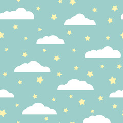 Seamless cartoon background with white clouds and yellow stars on blue sky. Overcast pattern. Vector