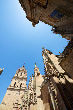 Low angle view of Salamanca Cathedral against clear sky