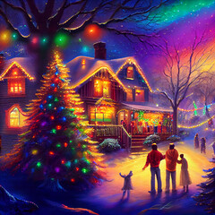 Christmas Family Gathering Celebration in Winter with Trees and Christmas Lights