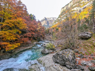 Spectacular view of the Ordesa Valley with the colors of autumn. Ordesa and Monte Perdido National...