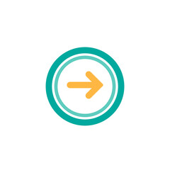 orange rounded right arrow in blue circle icon. flat sign isolated on white. Continue icon. Next, enter, log in button. East arrow.