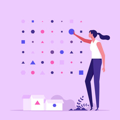Woman sorting geometric figures. Concept of unstructured data processing, organization of digital information, database structure, cluster analysis, flat vector illustration