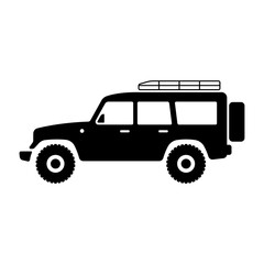 SUV icon. Off-road car for travel and tourism. Black silhouette. Side view. Vector simple flat graphic illustration. Isolated object on a white background. Isolate.