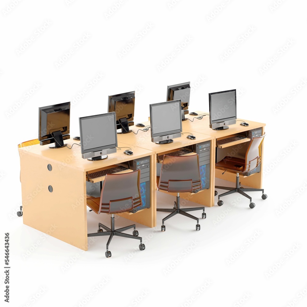 Poster 3d desk with computers isolated on a white background. modern workplace design.