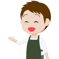 シンプルな主線なしのイラスト / 笑顔でコミュニケーションをとるエプロンの男性