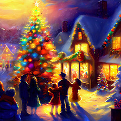 Fototapeta na wymiar Warm Christmas Family Gathering in Snowy Village