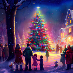 Obraz premium Warm Christmas Family Gathering in Snowy Village