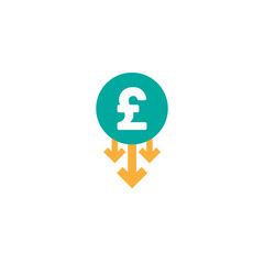 pound sterling down vector icon. White sign in blue circle with three arrows down. Flat icon. Isolated on white. Economy, finance, money symbol. Currency pictogram. Vector illustration.
