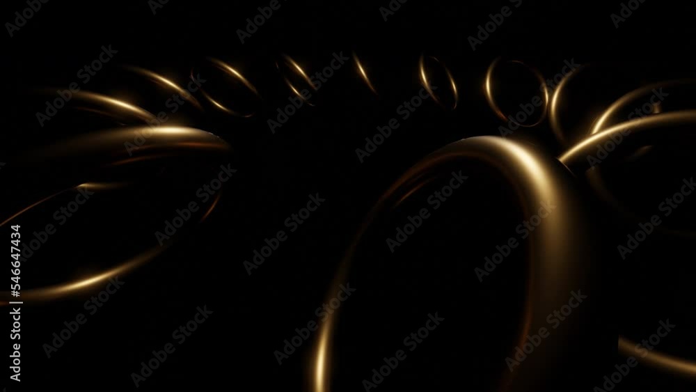 Poster dark background. design. gold large rings that rotate in a circle made in computer graphics.