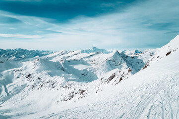 Fototapeta na wymiar Snowy mountain landscape in breathtaking winter atmosphere photographed at Mölltal Glacier ski resort. Mölltaler glacier, Flattach, Kärnten, Austria, Europe.