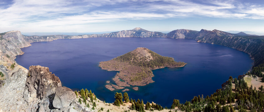 Wizard Island, the larger of the two islands on Oregon&acirc;&euro;&trade;s Crater Lake, the deepest lake in the USA at 1,943 feet.