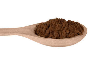 Heap of cocoa powder in a wooden spoon isolated on transparent background.