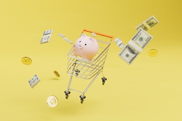 spending savings on purchases. a trolley in which the piggy bank is piggy bank, around it coins and dollars. 3D render