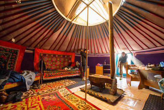 Interior of traditional yurt, Olgiy, Bayan-Olgiy, Mongolia