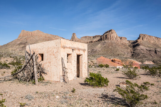 An adobe building from the Contrabando movie set stands on the banks of the Rio Grande River in Big Bend State Park Ranch near Lajitas, Texas.