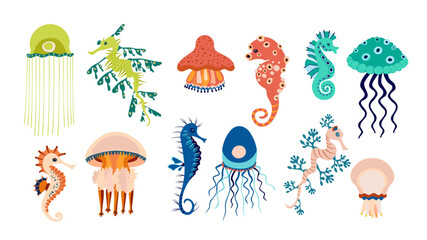 Set of colorful jellyfish and seahorses icons. Pretty different silhouette of sea animals on white background. For card, logo, kids pattern, tattoo, decorative concept. Cartoon vector illustration © Елена Рябцева