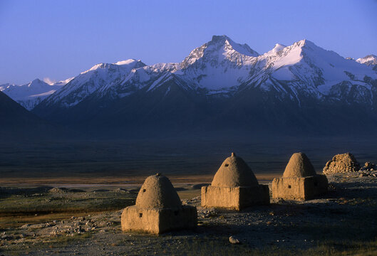Kyrgyz burial shrines sit on a hill above the valley floor in the Little Pamir, Afghanistan