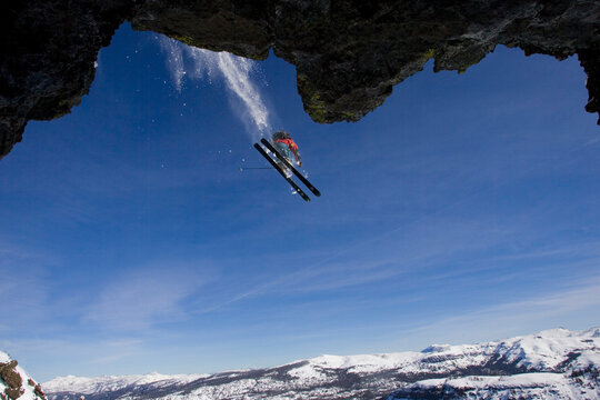 A skier jumps a cliff near Kirkwood, California.