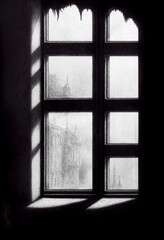 Horizontal shot of dark scary mansion windows 3d illustrated