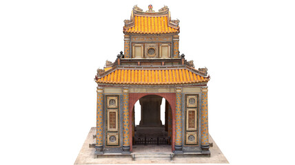 asian square temple with yellow roof and red walls